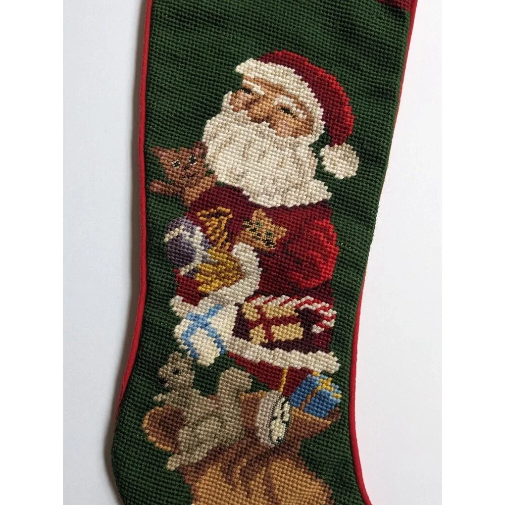 Vintage Needlepoint Christmas Stocking Santa‎ Toys Wool Front Red Flannel Back